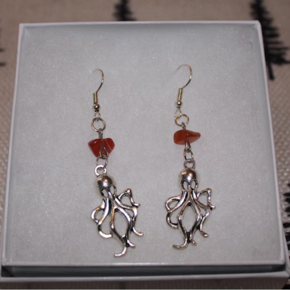 Silver Octopus Earrings with Carnelian Accents